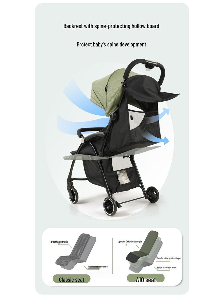 A10 Baby Stroller: Lightweight, Foldable, Four-Wheel Design for Sitting and Lying Down.