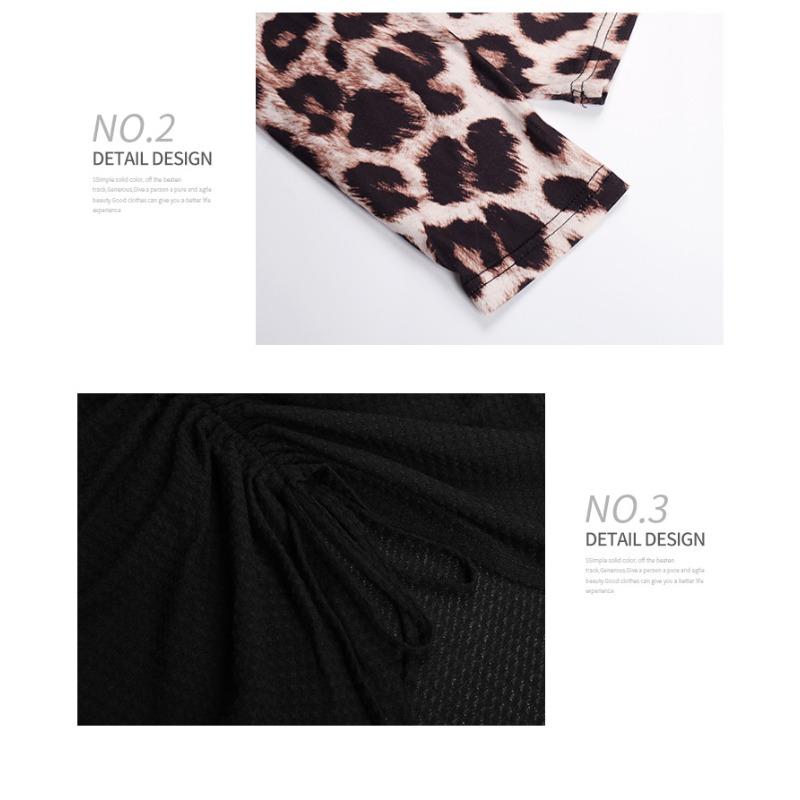 V-neck Color Blocked Leopard Print Long Sleeved T-shirt for Women Casual Top Drawstring Design Commuter Pullover Base Shirt Autumn