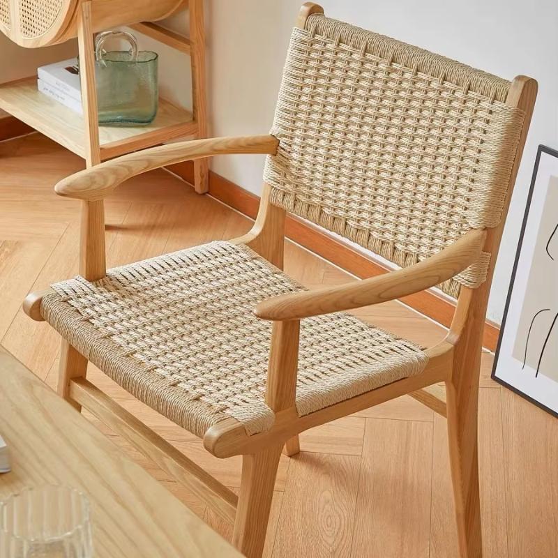 Nordic Wooden Rattan Lightweight Luxury Balcony Chair Rope-Woven Lazy Recliner Stylish Saddle Backrest Seat