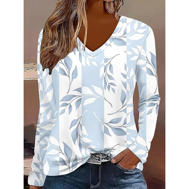 2025 Women's T-Shirts Florals Graphics Plants Elegant Fashion Tees Long Sleeve T-shirts V-Neck Regular Tops Pullover Fall Winter