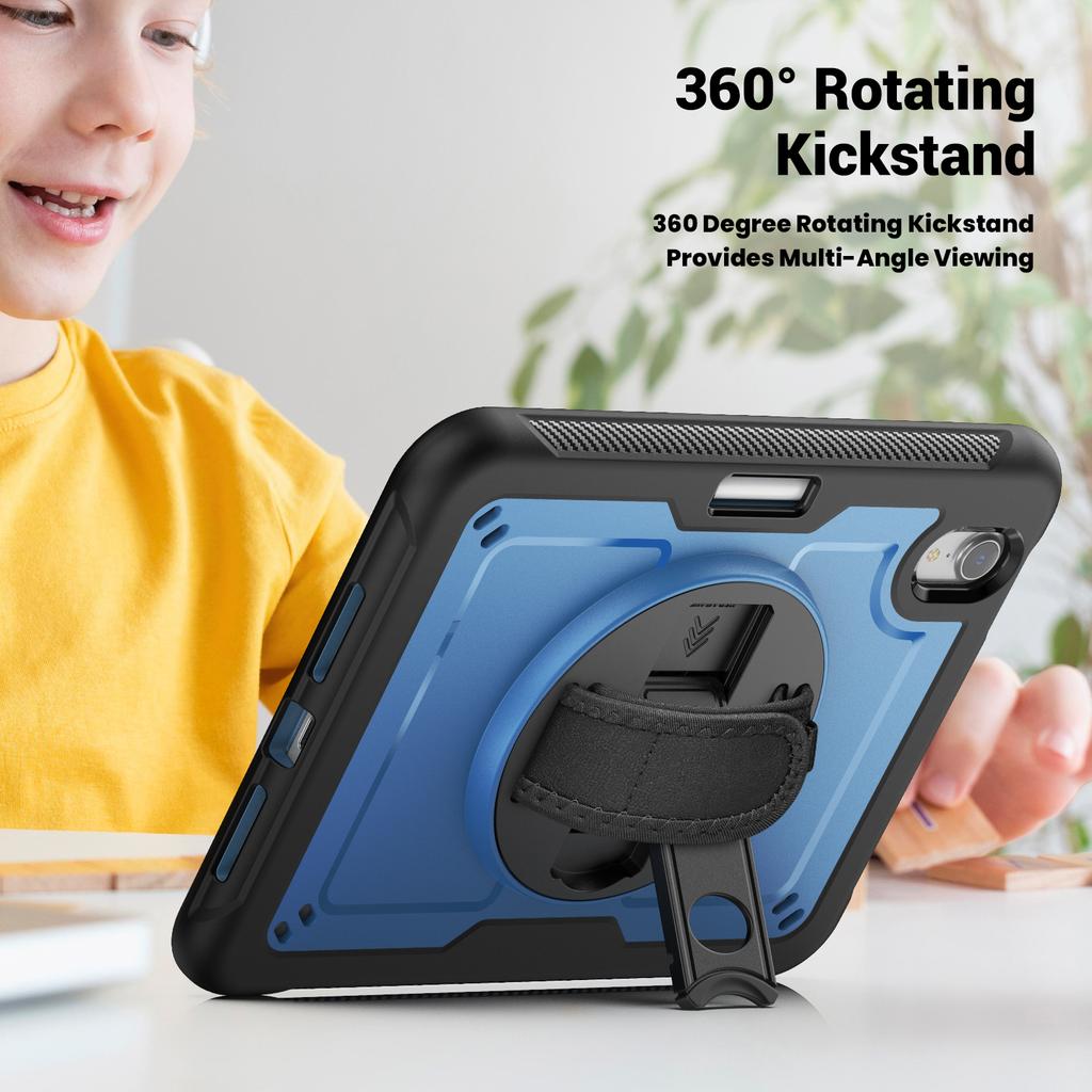 For iPad Mini (2024)/(2021) Case Kickstand PC+TPE Tablet Cover with Hand Strap and Shoulder Strap