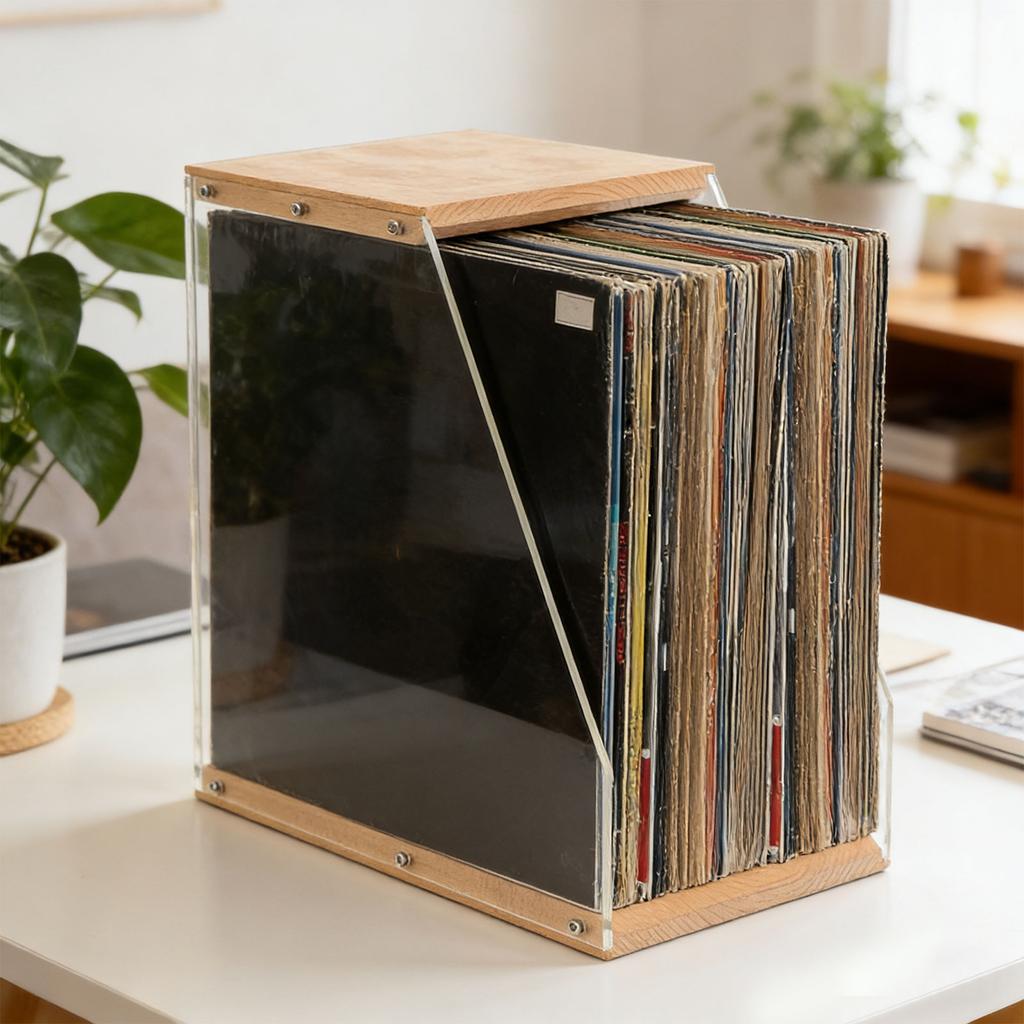 Elegant Acrylic And Wood Record Album Organiser With Spacious Design Books And Magazines Display Rack