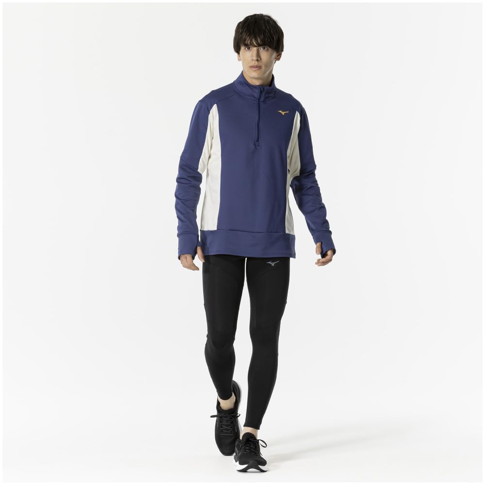 Running Wear Warma Light Half Fleece Reflective Estate Blue [Mizuno] Shirt, Zip, Aurora, Warm, Lining, Stretch, Print, J2MCA505, Men's,