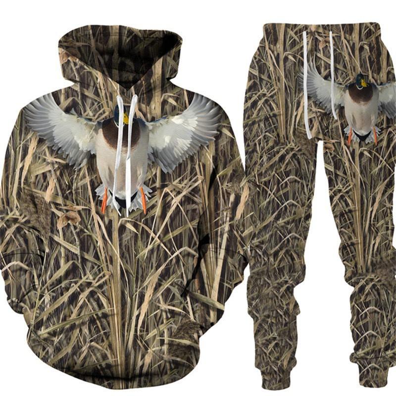 Men Camouflage 3D Print Hooded Cycling Jersey 2Pcs Tracksuit Outdoor Sports Set