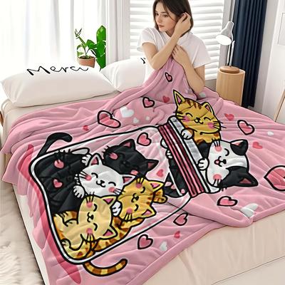 1pc of Sweet Cat Heart-Patterned Plush Blanket, Modern Style, Soft And Comfortable, Digitally Printed, Suitable for All Seasons, Perfect for Travel, S