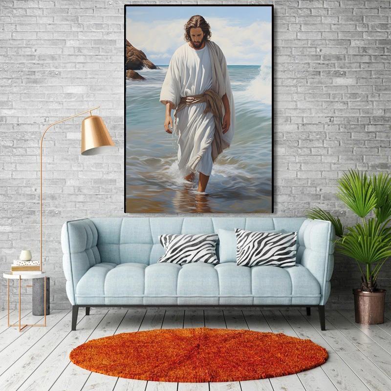 Jesus Walking On Water Canvas Wall Art Modern Vintage Minimalist Design, Print, Serene Religious Art for Living Room, Artwork Scripture Wall Decor