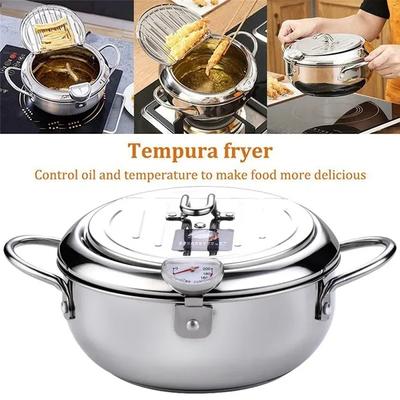 Termometre Kapaklı Fritöz Mutfak için Yapışmaz Paslanmaz Çelik Kızartma Tenceresi