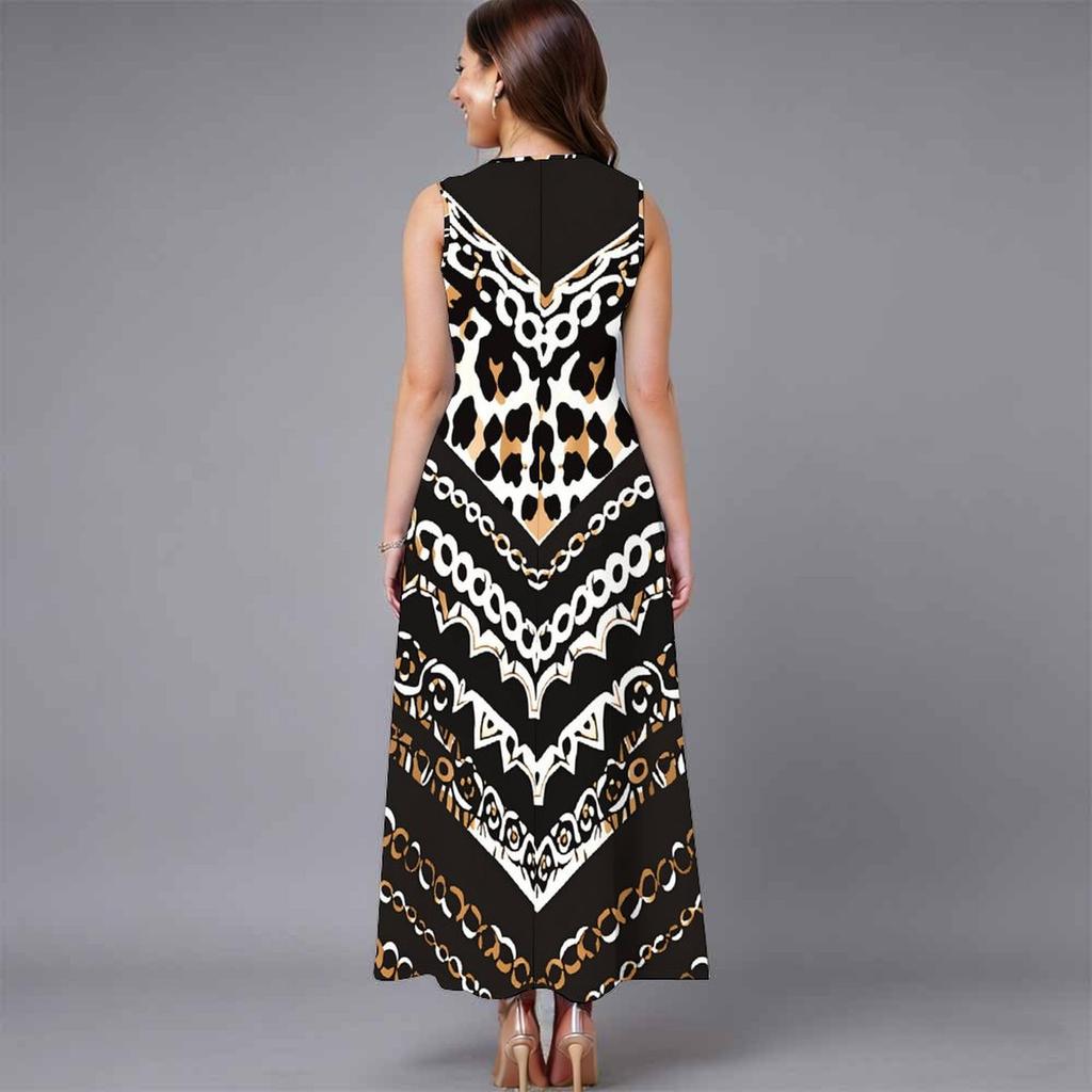 Oversized Women Sleeveless Round Neck Dress Elegant Mixed Floral Print Flowy Mid Length Dress