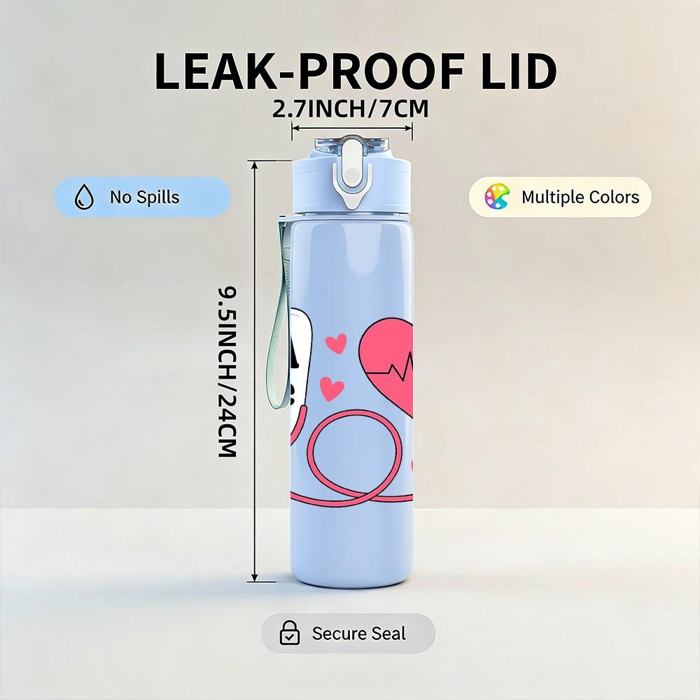 1PC CNA Life Stethoscope Heart 750ml Color Plastic Sports Water Bottle Leakproof Flip Straw Lid Suitable for Sports Office Home Use