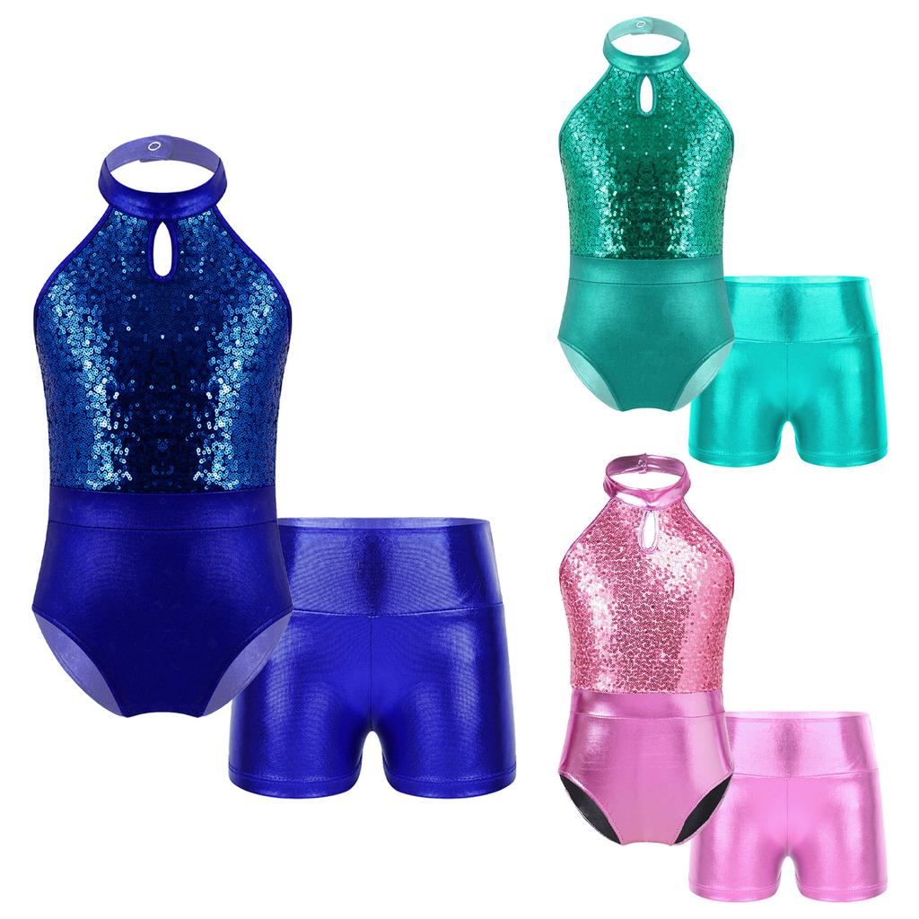 Kids Gymnastics Outfit Sleeveless Halter Sequin Patchwork Leotard Metallic High Waist Shorts Dance Performance Set