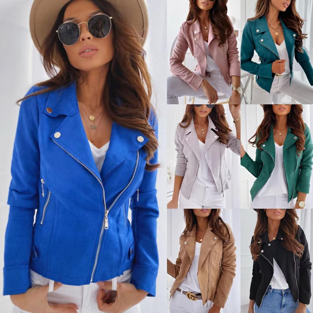 2025 Autumn/Winter Women's Zipper Suede Short Jacket with Turn-Down Collar