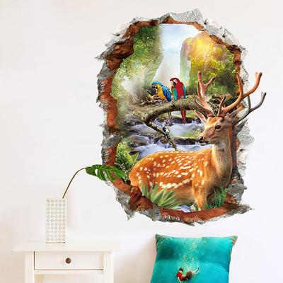3D Deer Parrot Broken Window Wall Sticker Animals Mural Shop Window Bar Decor
