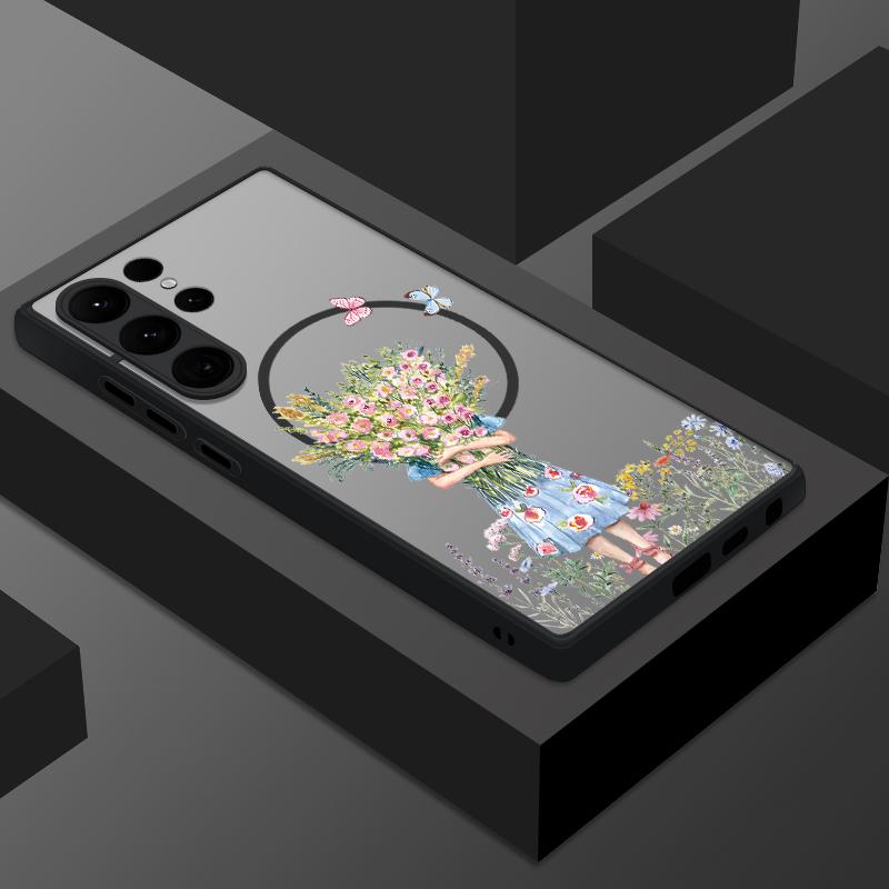 

Матовый прозрачный чехол для телефона с цветочным принтом для Samsung S25 Ultra S24 FE S23 Plus S22 S21 с беспроводной зарядкой, магнитный жесткий противоударный чехол-бампер с мягким краем Samsung S24 FE