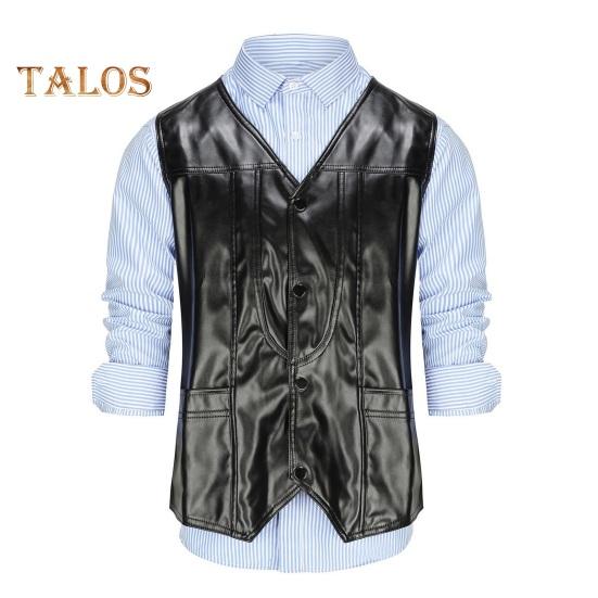 Pánská vesta z umělé kůže s výstřihem do V bez rukávů Slim Fit Jednořadá vesta Kabát s kapsami Jednobarevná vesta