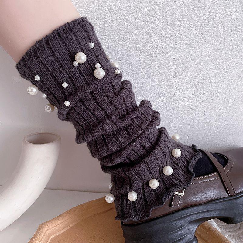 Women's Milk White Ruffled Wide-leg Leg Warmers Y2K Pearl Studded Socks JK Lolita Slouchy Long Leg Socks