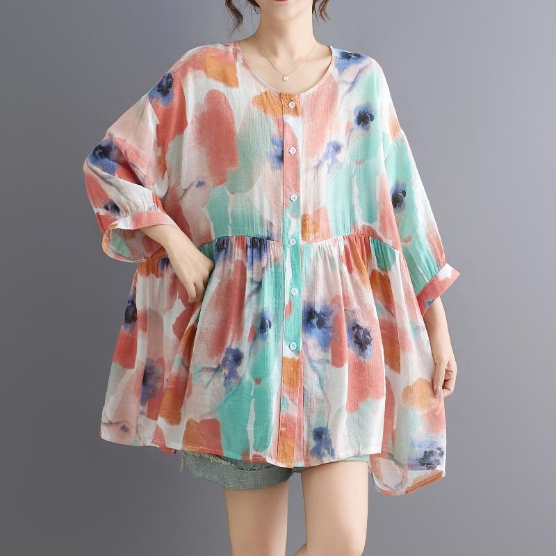 Dimanaf 2025 Letní košile nadměrné velikosti Nová halenka Dámská Knoflíky Dlouhý rukáv Volná Potisk Dámské topy