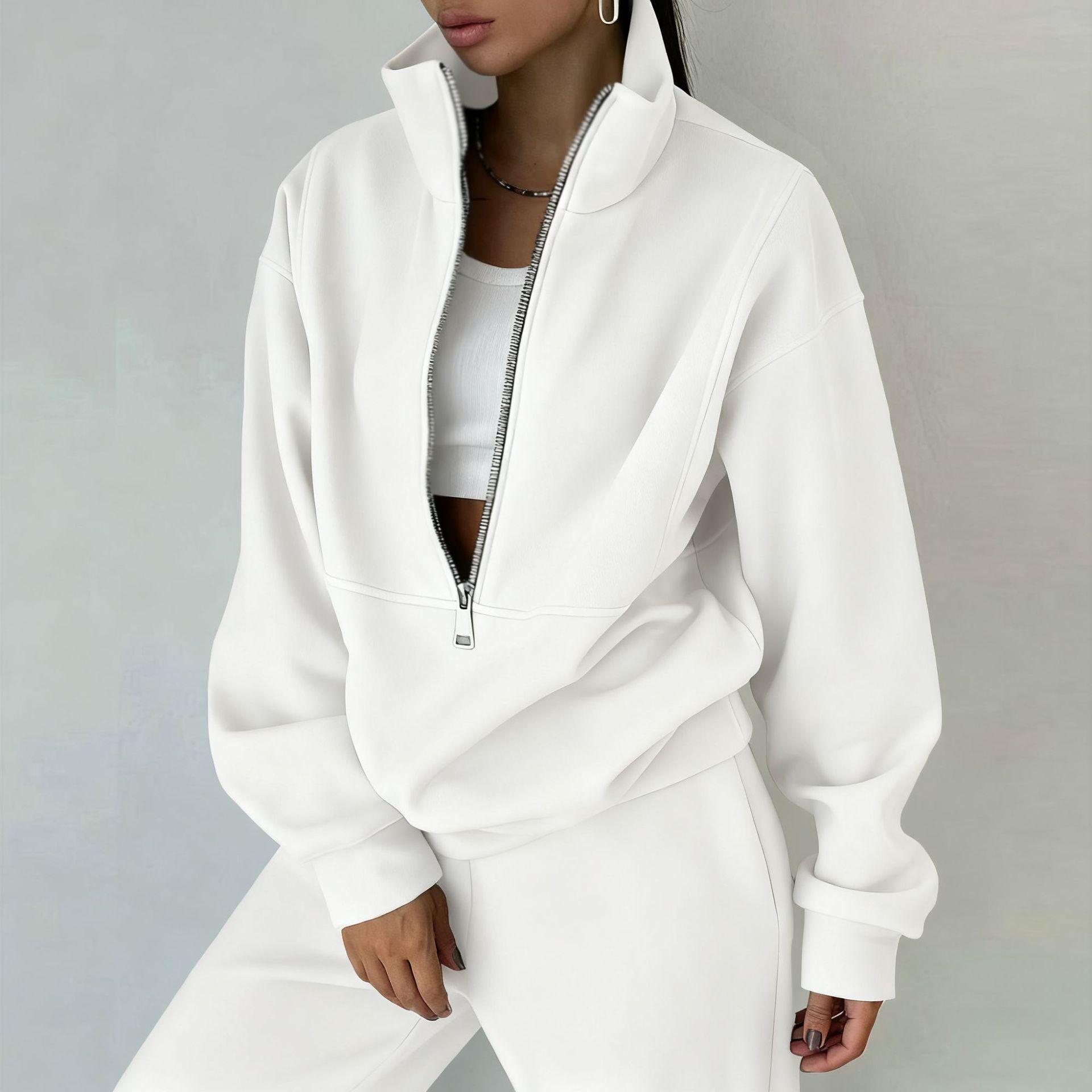 

Жіночий костюм-светр 3xl Осінній світшот Штани Вільний на блискавці З довгим рукавом Однотонний Товстий Теплий Стійка комір Еластична талія Жіночий спортивний одяг L білий