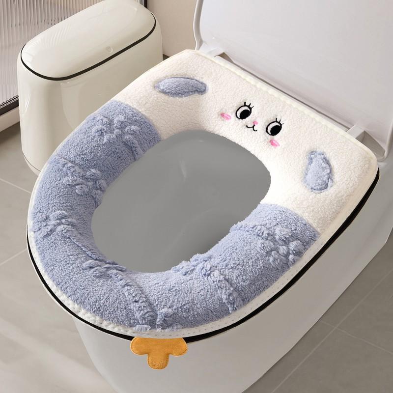 Plush Cartoon Toilet Seat Cover With Zipper Thick Soft Winter Fall Bathroom Accessory U-Shaped Home Use