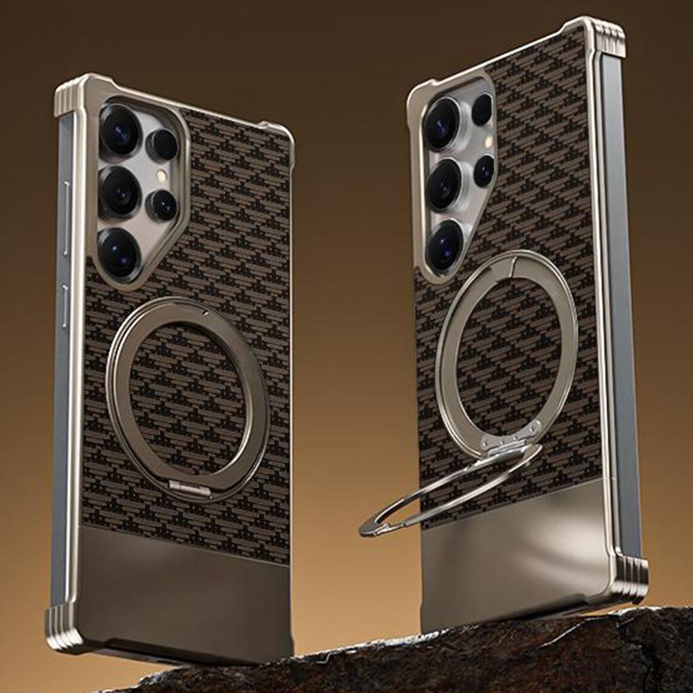 For Samsung Galaxy S25 Ultra Magnetic Case Borderless Textured PU+Metal Kickstand Phone Cover