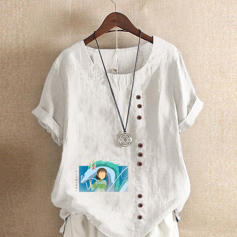 Women's Fashion Cartoon Characters Print Short Sleeve T-shirt Loose Cotton Shirt Casual Loose Summer Blouse Tops