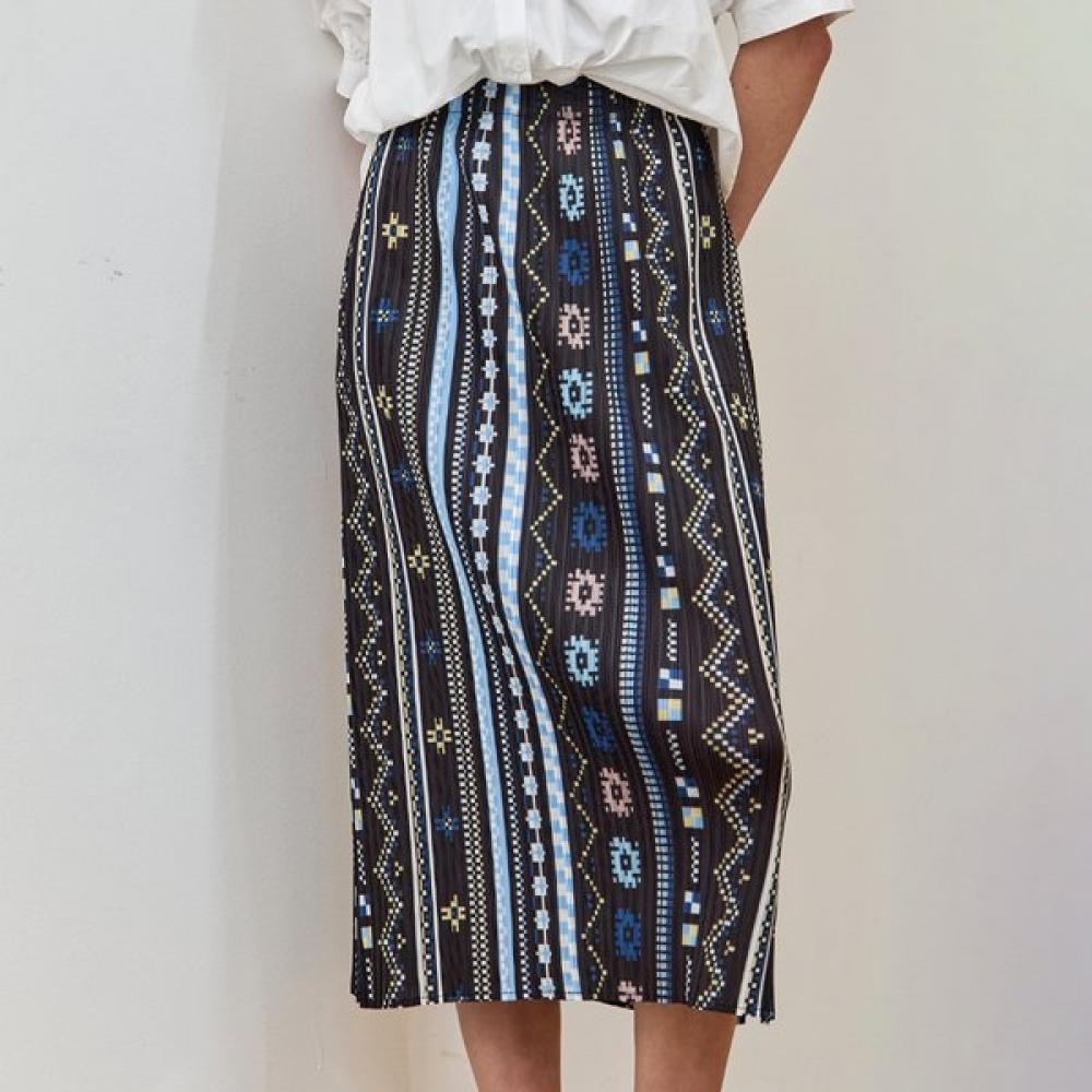 Maxza Ethnic Geometric Pattern Pleated Skirt Long Ze08qs005na blacks/FREE