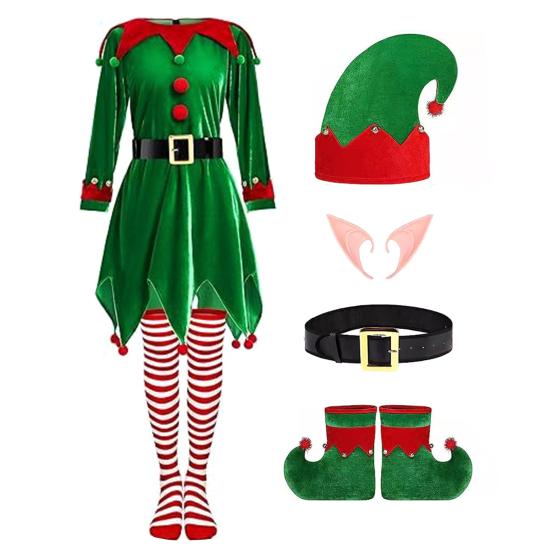 Kids Christmas Elf Costume Green Velvet Dress with Hat Shoes & Accessories for Boys Girls Holiday Play Outfit for School Performances Parties