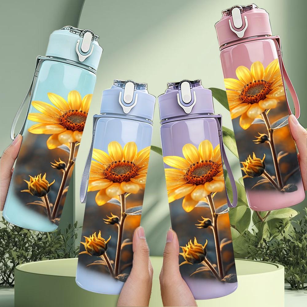 1PC Sunflower Dark Background Art Print 750ml Color Plastic Sports Water Bottle Leakproof Flip Straw Lid Suitable for Sports Office Home Use
