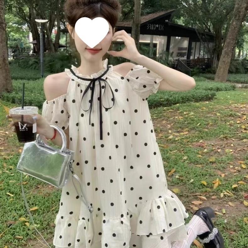 French Sweet Off-the-shoulder Polka Dot Dress Women's Summer New Small Temperament Fluffy Short Skirt Doll Skirt