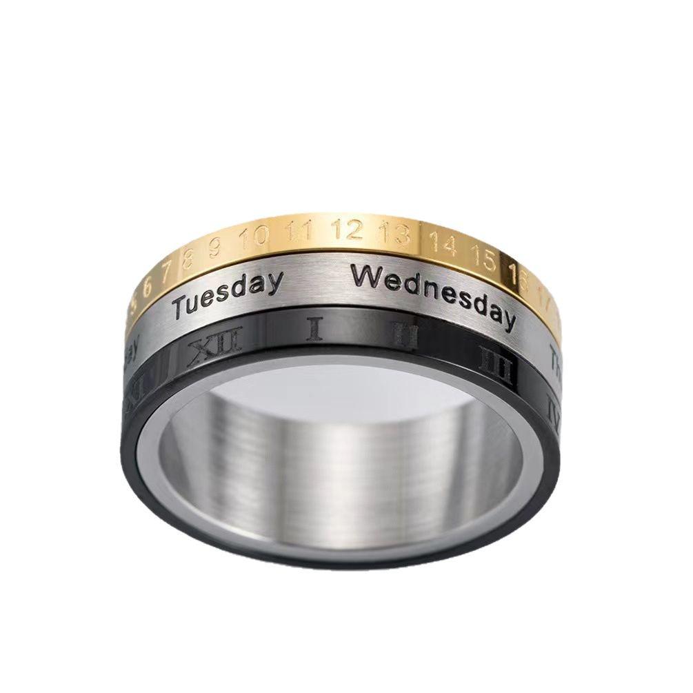 Men's Tricolor Roman Numeral Rotating Calendar Ring in Titanium Steel