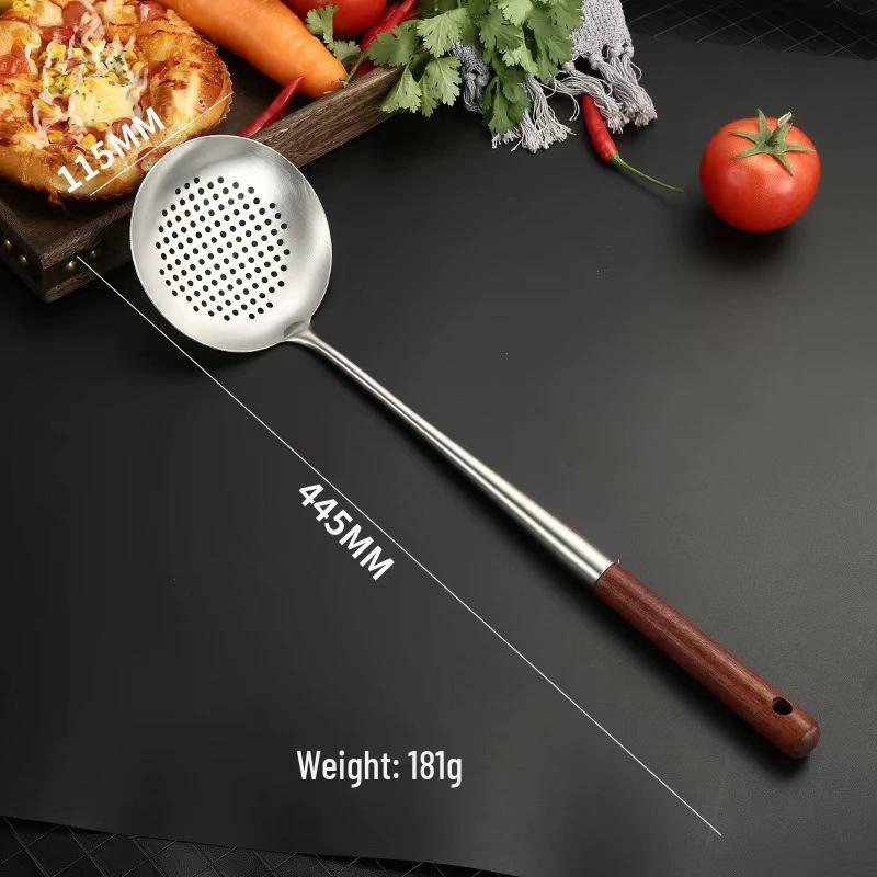 Extended Wooden Handle Stainless Steel Slotted Spoon