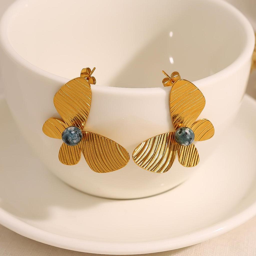 Retro African Turquoise Butterfly Earrings, 18K Gold-Plated Titanium Steel, Women's Fashion Jewelry