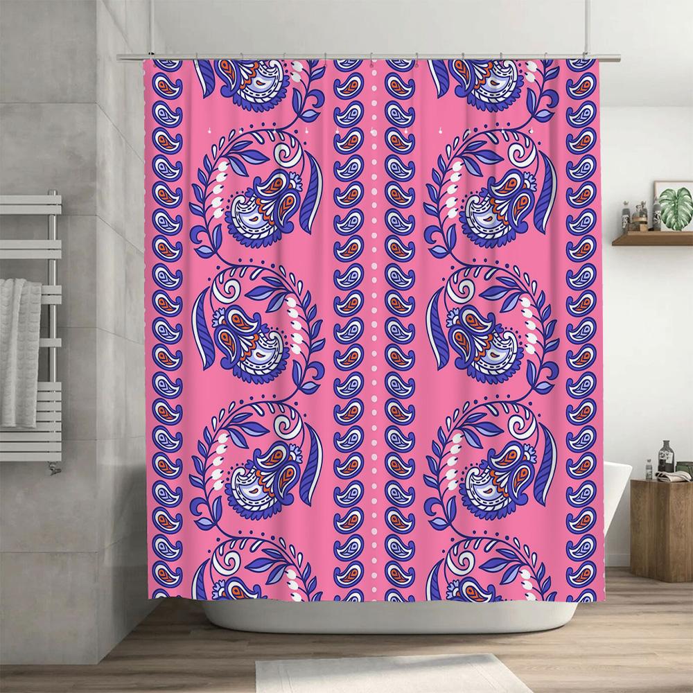 Pink Bath Shower Curtain With Blue Paisley Pattern For Bathroom Decor Waterproof Fabric 72 X 84 Inches Home Decoration Item Set