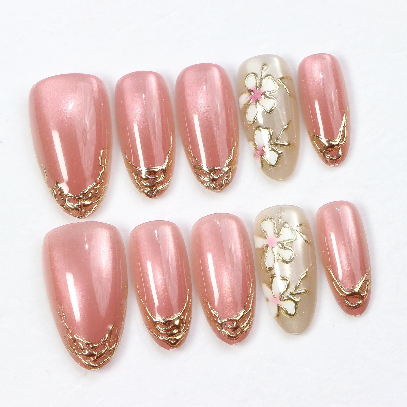 French White Moonlight Translucent Cat Eye Nails: Gilded Almond Pink Gold Floral Manicure Tips