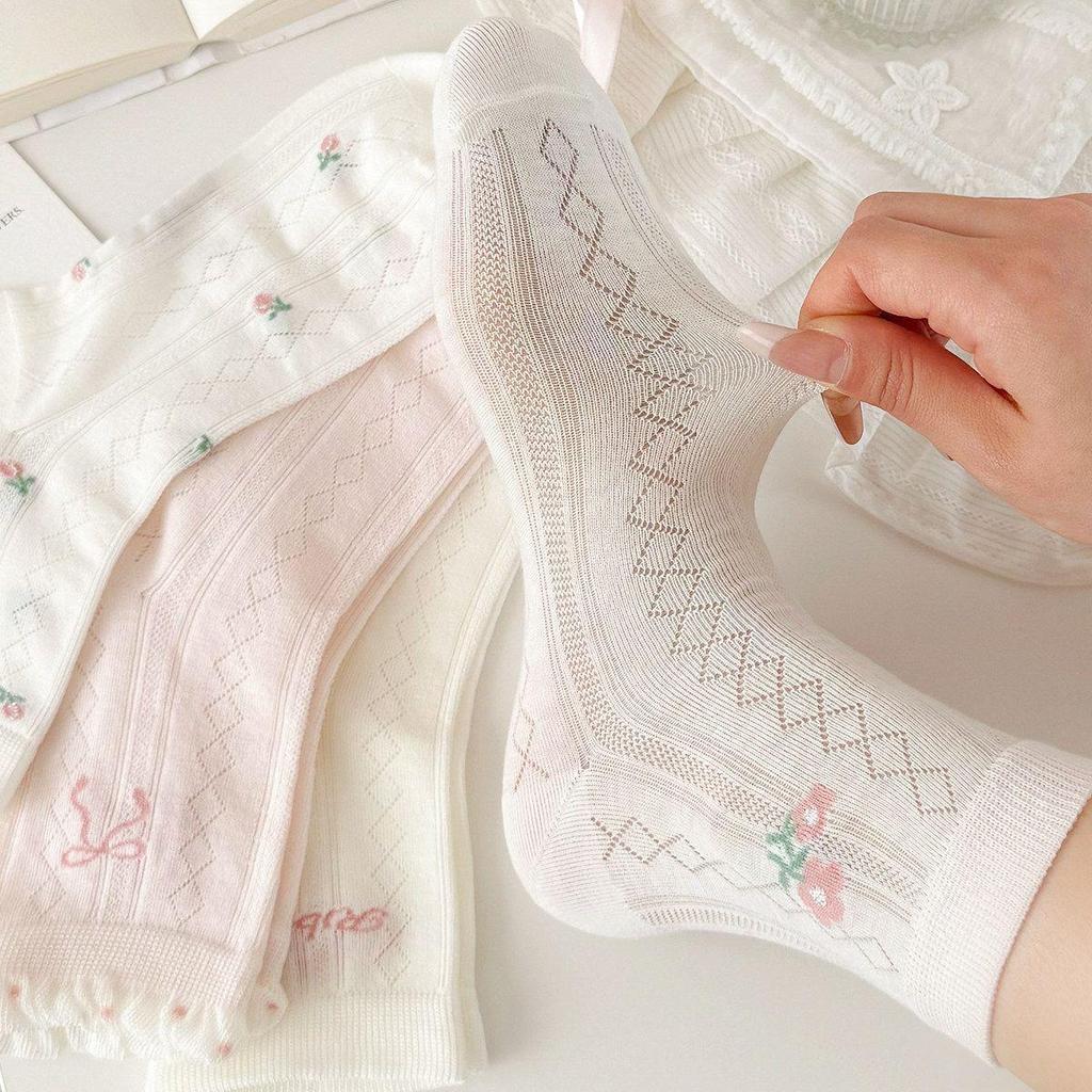 Pink and White Floral Lace Mesh Girls' Mid-Calf Socks - Breathable, Thin Spring/Summer Design for Older Children and Students