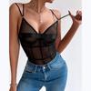 Europäischer und Amerikanischer Stil Sexy Damen Bodysuit Set: Netzstoff durchsichtig, tiefer V-Ausschnitt, doppelte Spaghettiträger, einfarbig.