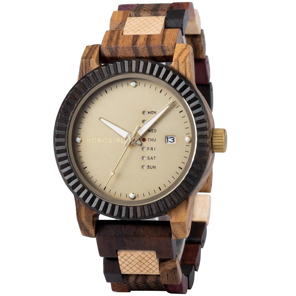 BOBO BIRD Wooden Watch Analog Quartz Day Calendar Display Lightweight Handmade Wooden Wristwatch Men's Men's (Beige)