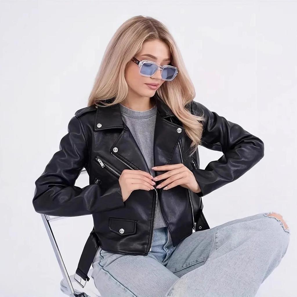 Damen Slim Fit PU-Leder Motorradjacke mit schrägem Reißverschluss