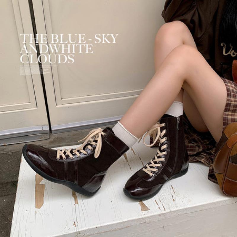 Autumn and Winter New Casual Retro Versatile Inner Height Increase Martin Boots Round Head Lace-up Sports Short Boots Boxing Boots Women's Boots