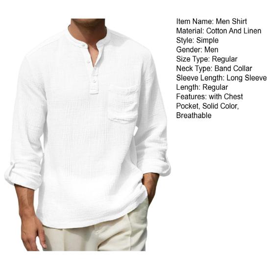 Chemise en Coton et Lin pour Homme à Manches Longues et Col Mao avec Poche sur la Poitrine Couleur Unie Chemise Décontractée de Vacances pour Voyage Été Plage Vacances Usage Quotidien