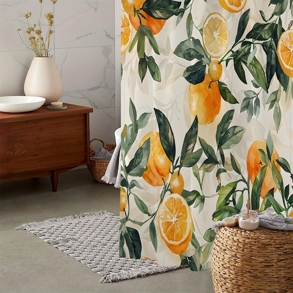 A Citrus Delight Shower Curtain: Brighten Up Your Bathroom with This Vibrant Design Featuring Lush Orange Trees, Juicy Oranges,