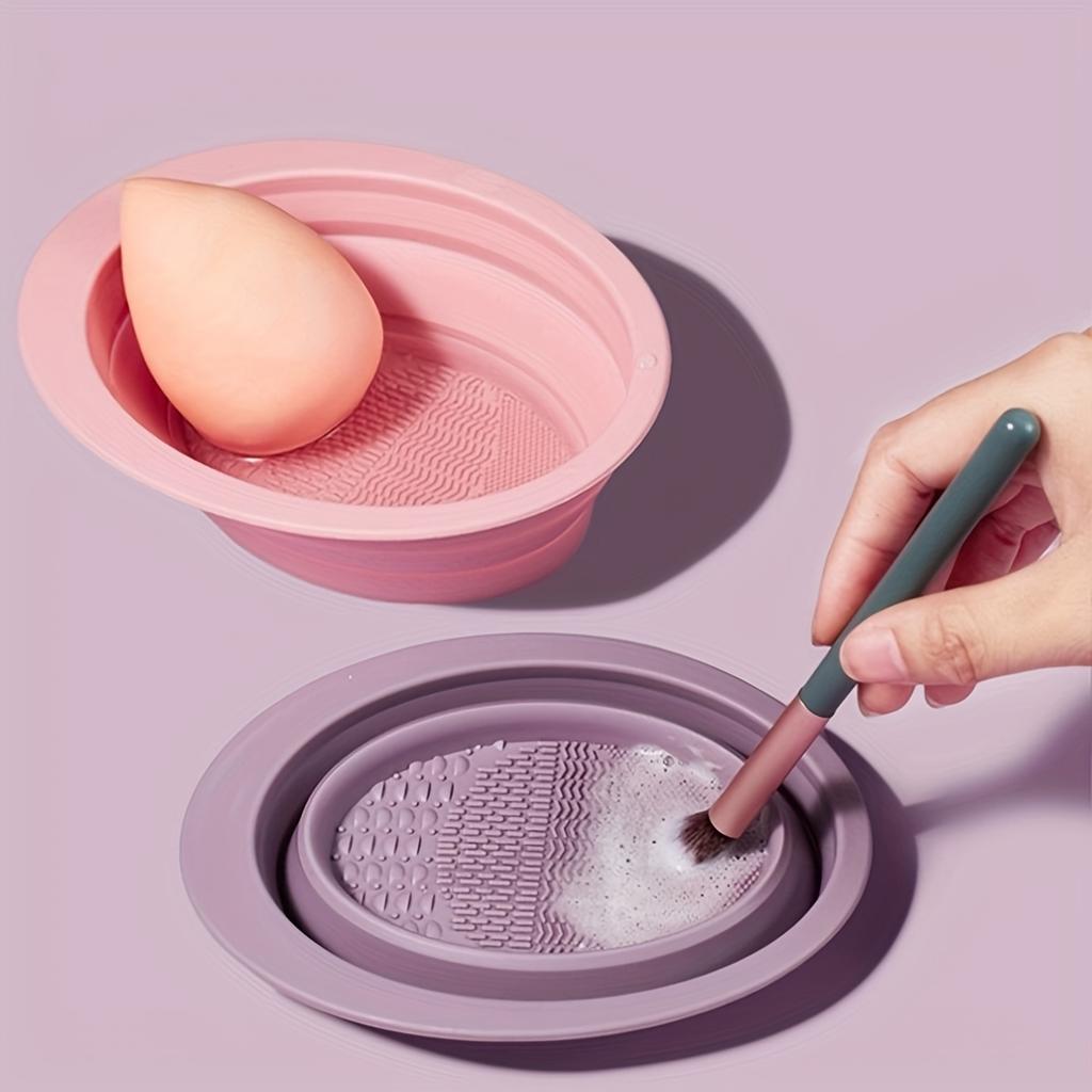 Silicone Folding Makeup Brush Scrub Bowl, Convenient Beauty Egg Cleaning Pad, Powder Puff Cleaning Bowl Tool