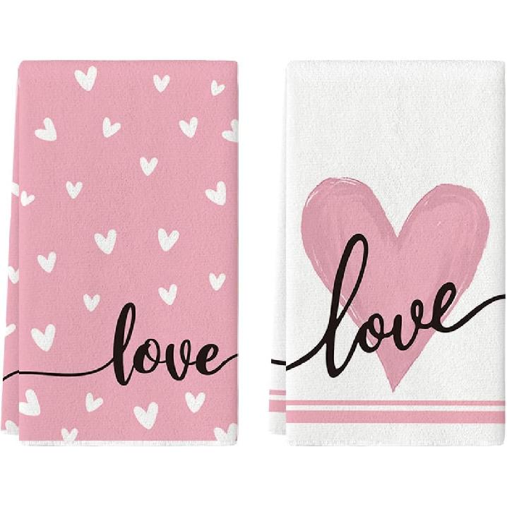Artoid Mode Red Heart Love Kitchen Towels Dish Towels, 18x26 Inch Anniversary Wedding Farmhouse Decoration Hand Towels Set of 2