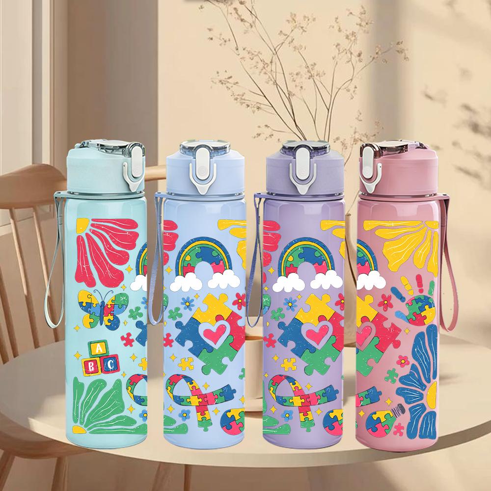 1PC Rainbow Flower Abstract Layout 750ml Color Plastic Water Bottle Leakproof Flip Straw Lid For Sports Office Home Use