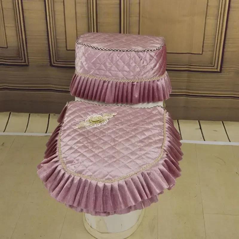 

Velvet Jacquard Lotus Leaf Edge Closestool Cover European Style Checkered Pattern Dust-proof U-shaped Toilet Three Piece Cover