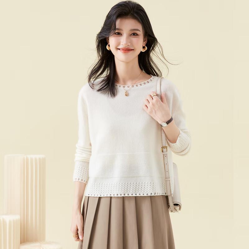 

Women s 100% Cashmere Round Neck Hollow-Out Sweater L