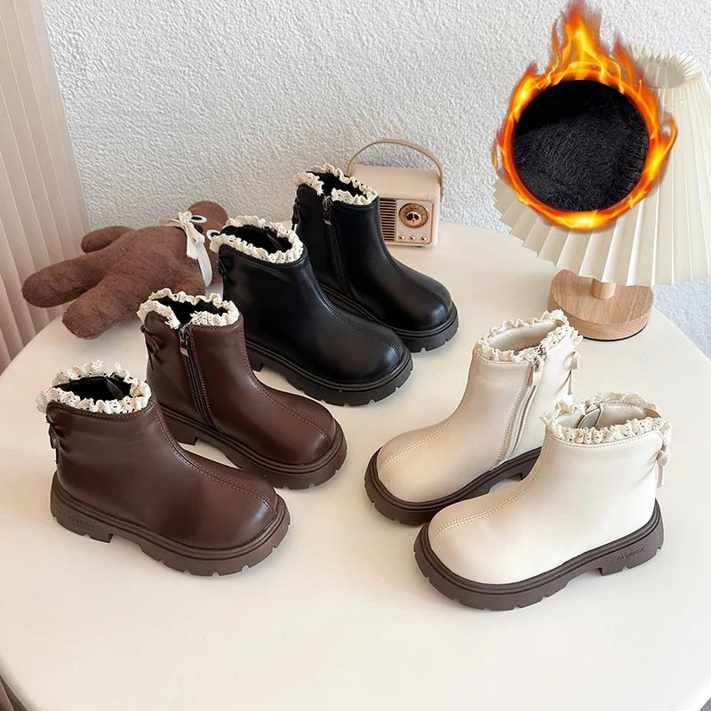 Children Short Boots Korean Style Versatile Kids Leather Boots with Sweet Lace Girls Casual Boots Side Zipper