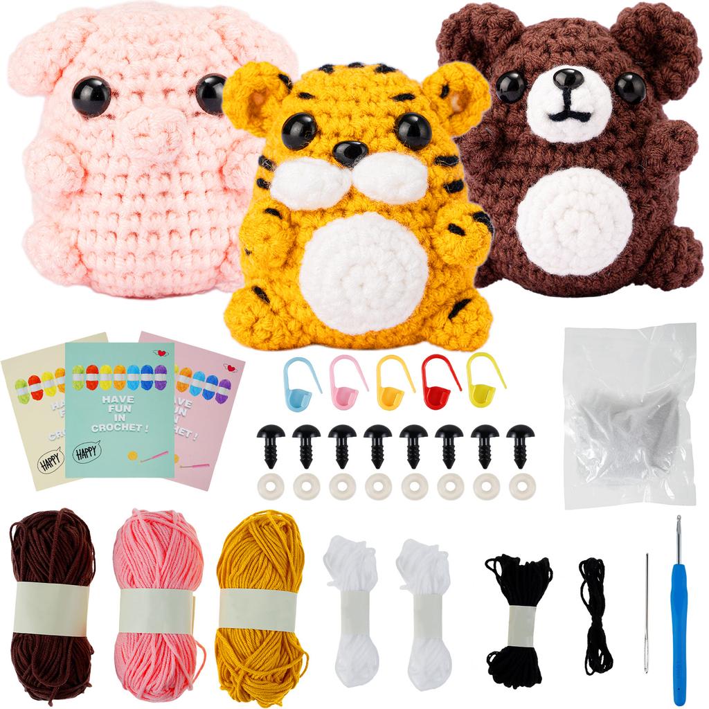 3Pcs Crochet Kit for Beginners Complete Crochet Knitting Kit Adorable Animal Crochet Starter Pack DIY Crochet Craft Kit