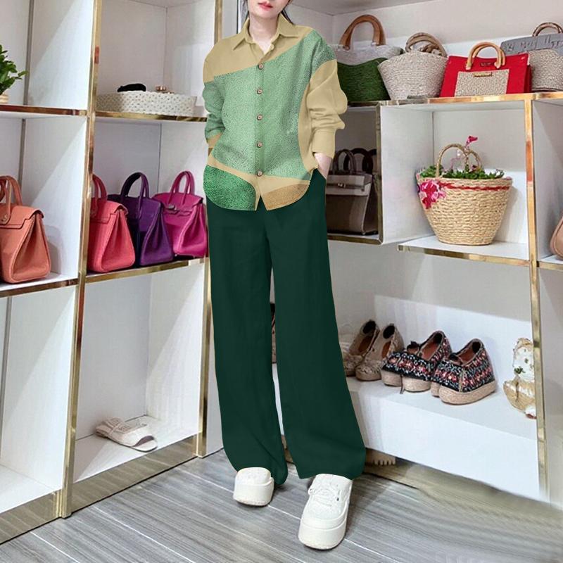 ZANZEA Women Long Sleeve Print Blouse and Pants Casual Two Piece Suit Sets