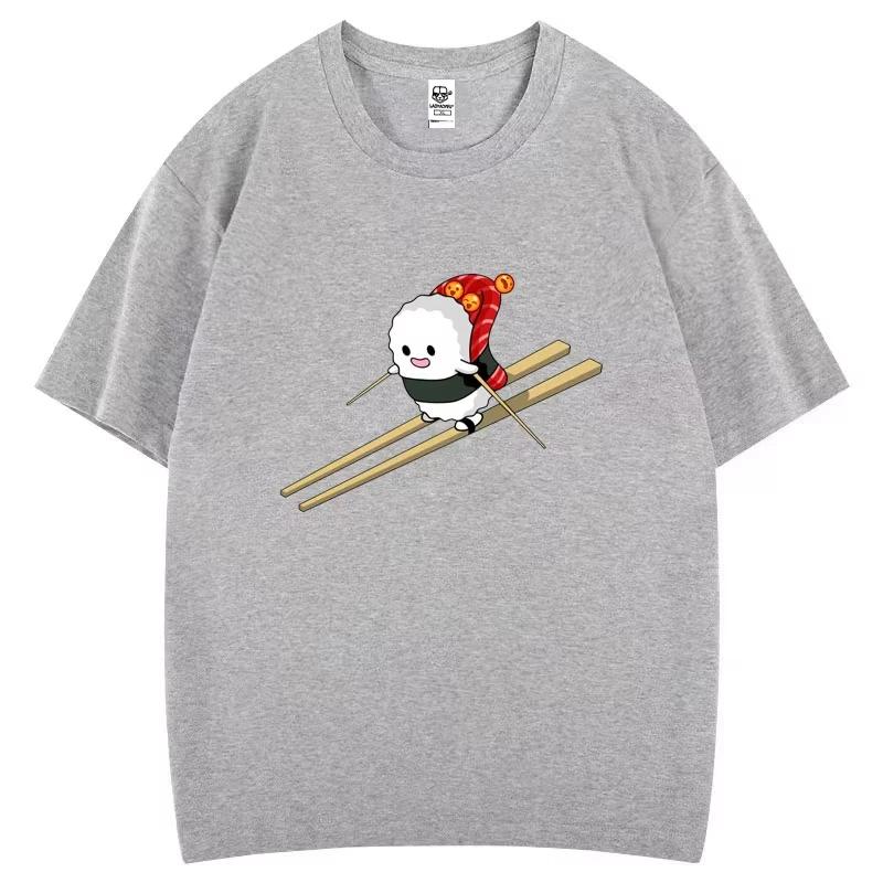 Funny Sushi Ski Cartoon Graphic T-shirt Creative Popular Fashion Aesthetics Print  Tops Gothic Hipster Casual Streetwear