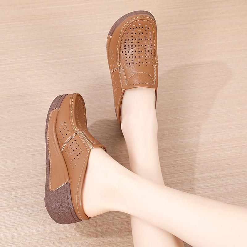 Women PU Leather Platform Slippers Hollow-out Fashion Casual Shoes Wedge Heels Casual Loafers Elegant Mother Shoes